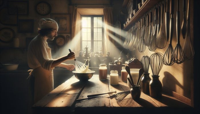 A person hand-whisking cream in a vintage kitchen with traditional whisks and a rustic table.