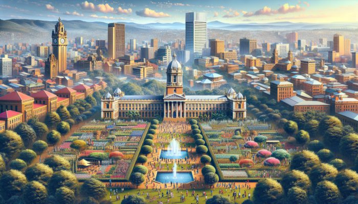 A vibrant Pietermaritzburg cityscape featuring university campuses, lush gardens, iconic landmarks, and a diverse group of individuals enjoying the parks and cultural events.