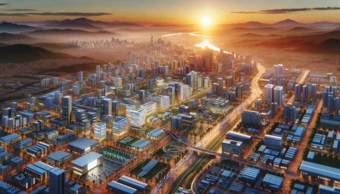 Aerial view of Pietermaritzburg at sunset, showcasing modern infrastructure and new residential developments.