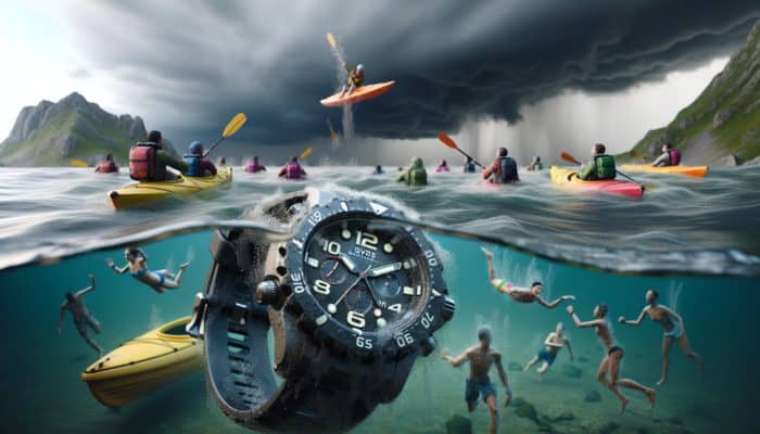 Rugged survival watch submerged in clear water, surrounded by kayaks and swimmers, under stormy sky, 200 meters depth.