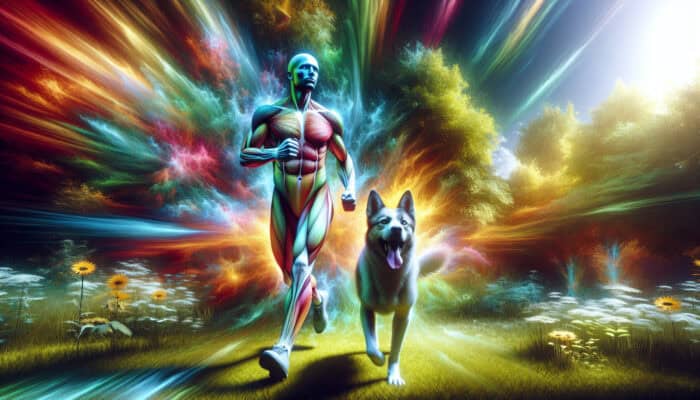 A person and dog joyfully walking in a vibrant park, both appearing fit and energetic.