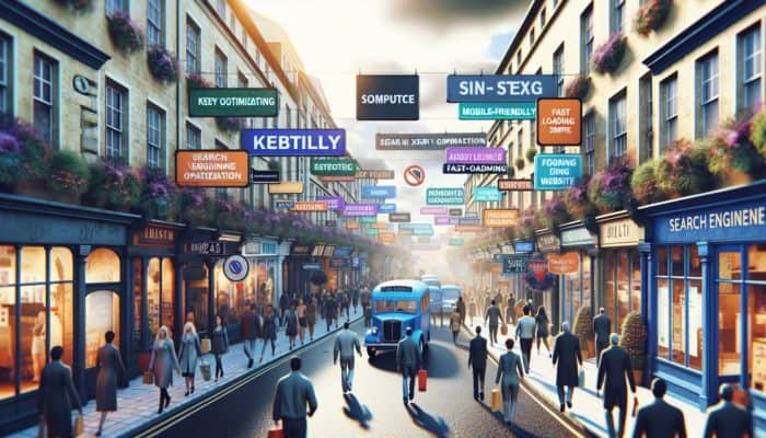 A busy Bath street with businesses using SEO strategies like optimized signs and mobile displays to attract local customers.