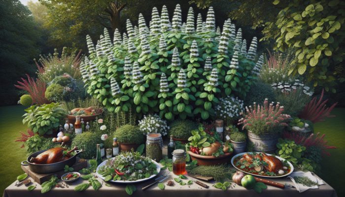 Lush garden with marjoram plants, surrounded by British dishes like roast meats and stews.
