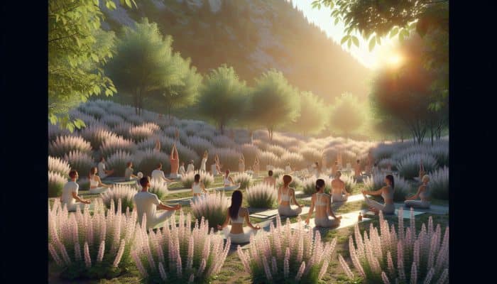 Marjoram plants in a garden with people practicing yoga and stretching, feeling muscle relaxation.