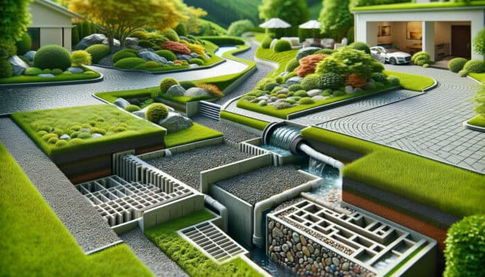 Outdoor Drainage Services in Burnaby showcasing various outdoor drainage systems such as French drains, surface grates, and channel trenches effectively managing water.