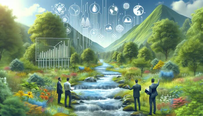 A picturesque Burnaby landscape featuring a well-designed outdoor drainage system, with experts discussing water flow amidst lush greenery.