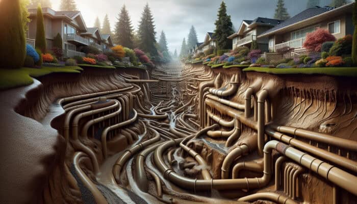 A detailed drainage system in Burnaby managing runoff on a sloped, clay-soil property during heavy rainfall, designed by local experts.