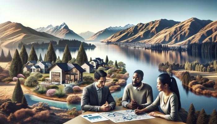 A couple with a financial advisor reviewing loan documents in front of a cozy Queenstown home, mountains and lake visible.