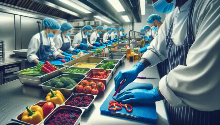 Chefs in Swindon's kitchen wearing blue nitrile gloves, handling food on stainless steel counters.