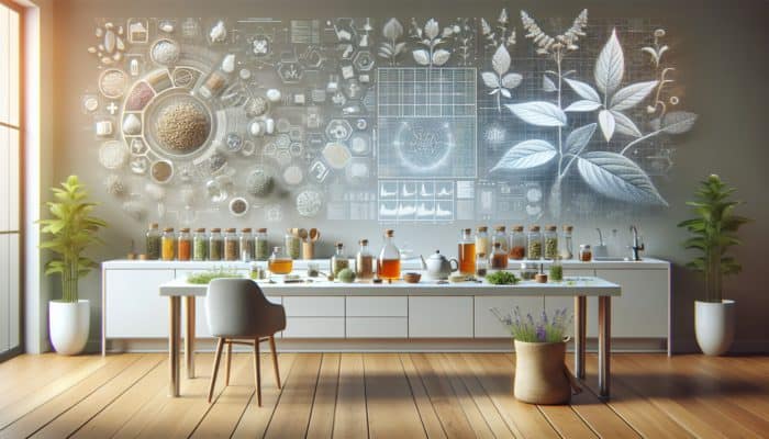 A kitchen counter with herbs, glass jars, and a teapot for preparing herbal remedies.