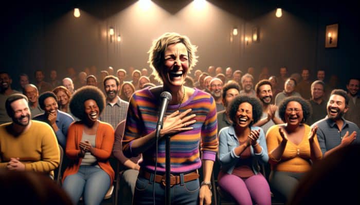 Comedian reacting spontaneously to audience, enhancing comedy with authentic humor.