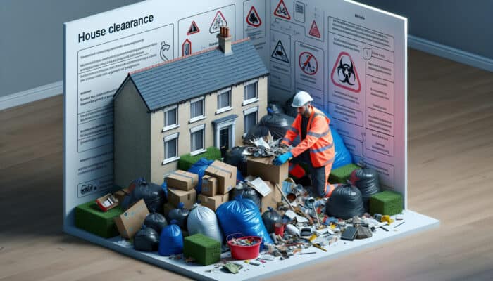 Minimising Waste in UK House Clearances: UK house clearance worker sorting waste according to legal regulations, with signs of Environmental Protection Act and Hazardous Waste Regulations visible.