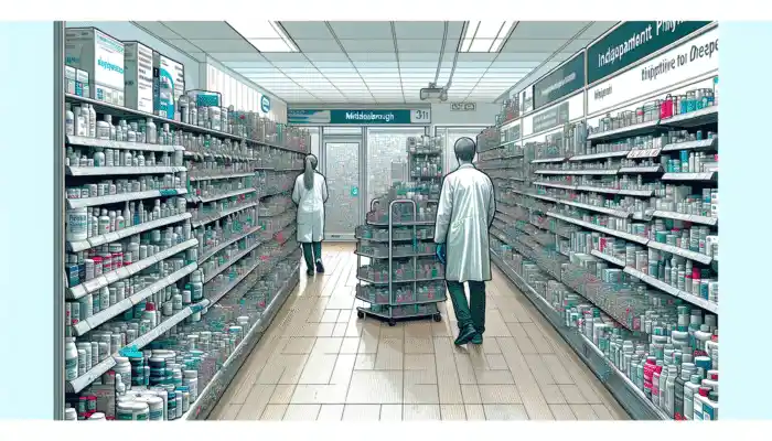 Nitrile Gloves in Middlesbrough: A busy Middlesbrough pharmacy with nitrile gloves of various sizes for medical and household use, showing both chain and independent stores.