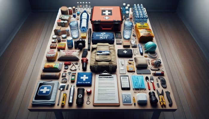 Earthquake emergency kit on table with water, food, flashlight, first aid, whistle, mask, sanitation supplies, multi-tool.