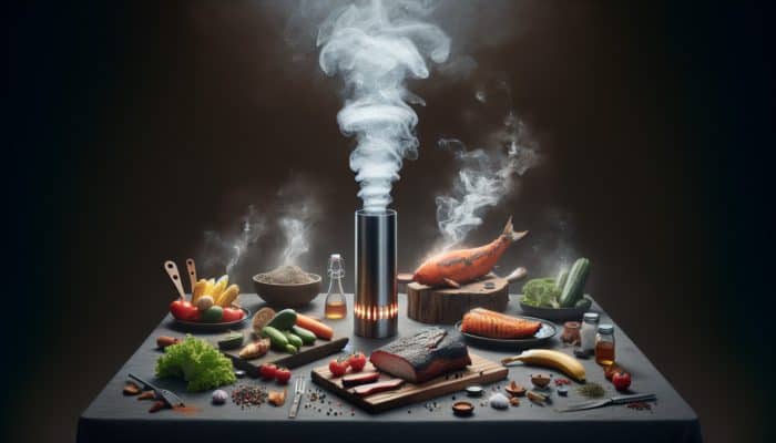 Smoke tube burning 2-5 hours, emitting smoke, with vegetables, fish, brisket, and pork shoulder in a barbecue setting.