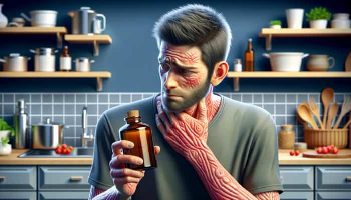 Person with skin rash, holding herbal remedy bottle, looking worried in a modern UK kitchen.