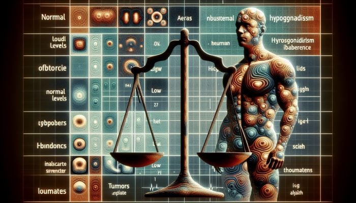 A medical chart showing testosterone levels with color-coded ranges and related health conditions.