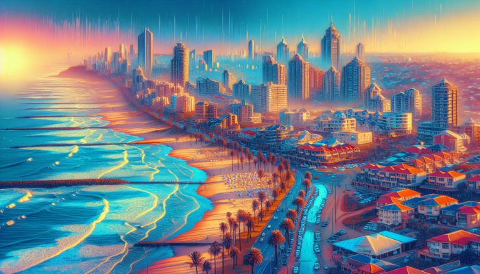 A vibrant coastal scene in Durban contrasting luxurious Umhlanga beachfronts with affordable Clairemont inland homes.