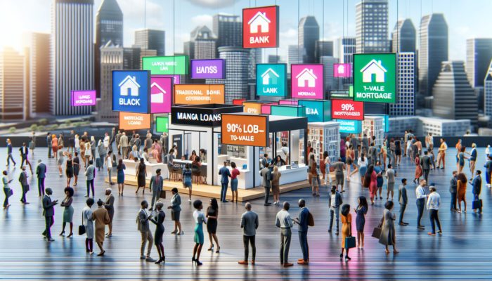 Diverse people at a financial expo in Durban exploring mortgage options including 90% LTV mortgages.