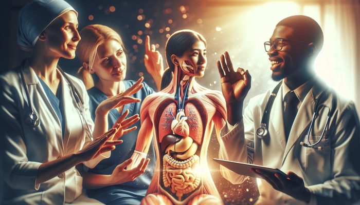 Diverse healthcare providers using translation services and educational materials to engage with women from various cultural backgrounds in an inclusive clinic.