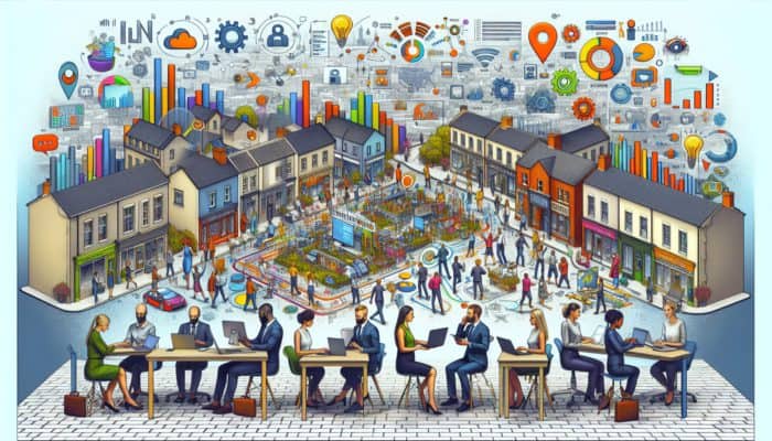 A digital marketing hub in Royal Wootton Bassett with small businesses using technology, surrounded by strategy charts and success graphs.