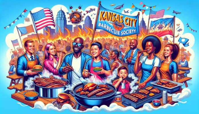 Diverse attendees enjoying barbecue at a Kansas City Barbecue Society event with promotional banners.