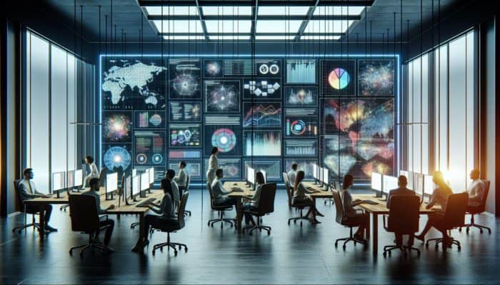 A team in a modern Warminster office analyzing SEO data on screens, focusing on local keywords and website optimization.