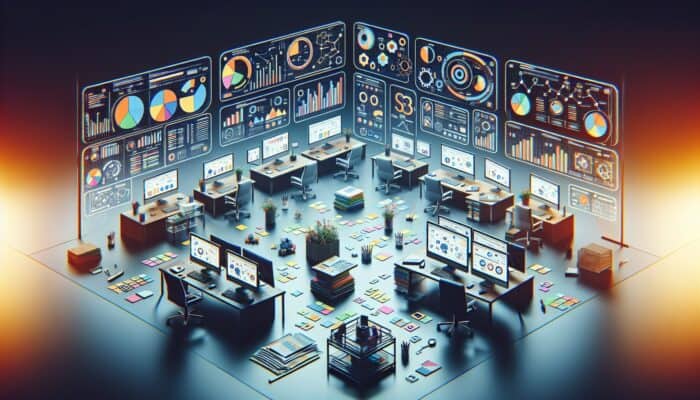 A digital workspace showcasing various SEO tools like Google Analytics, SEMrush, and Ahrefs with visual data representations.