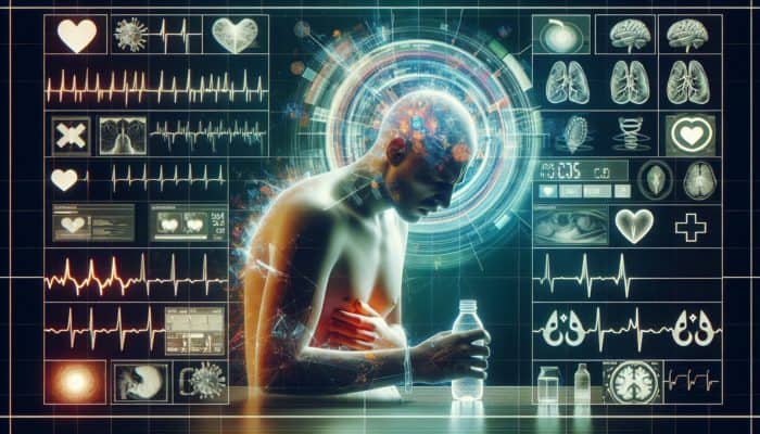 Person with caffeine toxicity symptoms; nausea, vomiting, headache, medical monitors showing heart rate and seizure alerts.