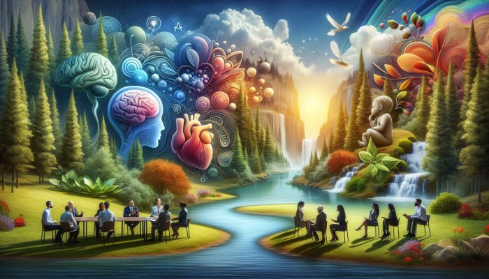 A serene landscape with diverse experts discussing, surrounded by symbols of mental health and vitality.