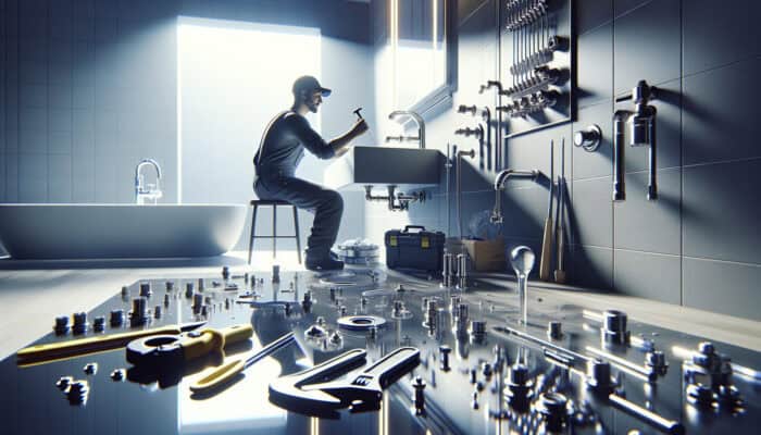 A plumber in Vancouver expertly repairing and installing a modern Delta faucet in a contemporary bathroom.