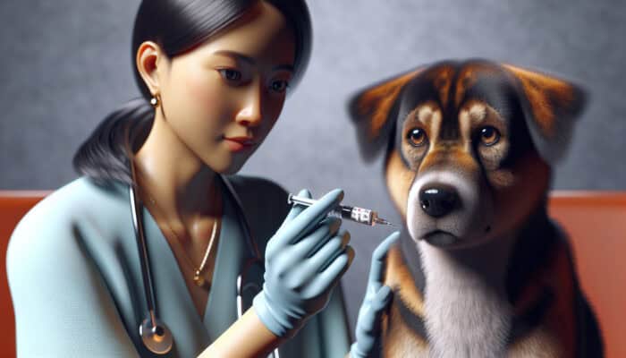 A dog receiving a rabies vaccination, showing slight flinching and mild discomfort.