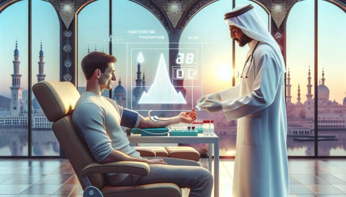 Man undergoing blood test at 8 a.m. in clinic, chart showing peak testosterone levels.