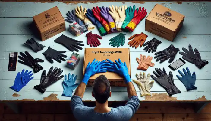 Person in Royal Tunbridge Wells unboxing various latex gauntlet gloves ordered online, showcasing diverse selection.