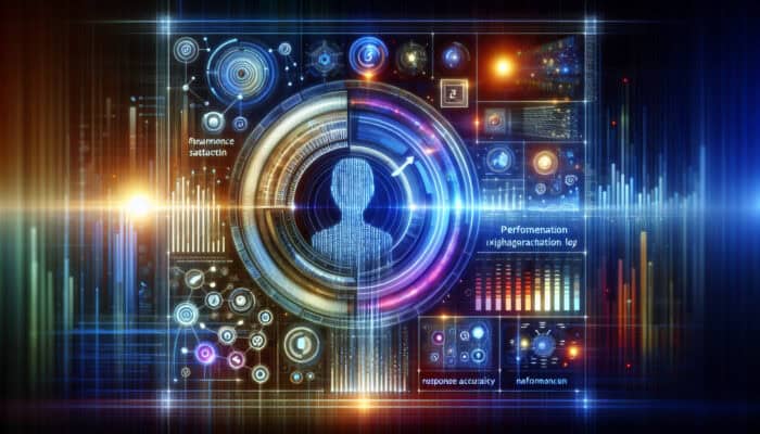 A digital interface showing user feedback metrics and virtual assistants analyzing data for performance enhancement.