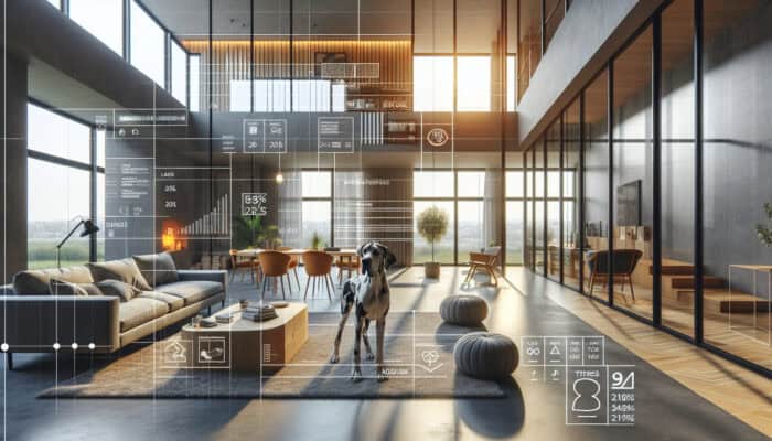 A spacious modern living room designed for a Great Dane, with large windows and comfortable furniture.