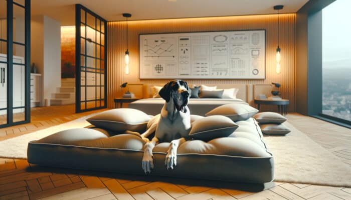 A spacious, cozy bedroom for a Great Dane with a large, orthopedic dog bed and supportive pillows.