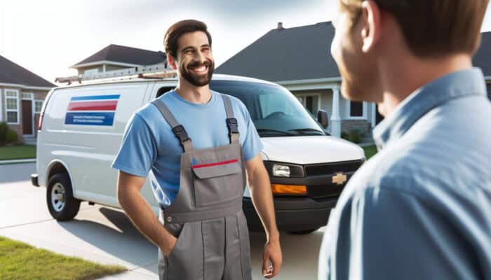 An experienced technician beside a well-reviewed company's van, smiling at a satisfied customer in a suburban neighborhood.