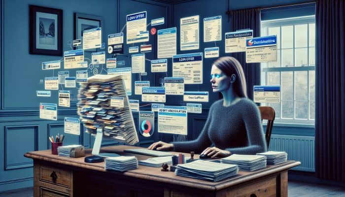 A person reviewing financial documents and credit scores, surrounded by loan brochures, with a computer showing a debt consolidation application in the UK.