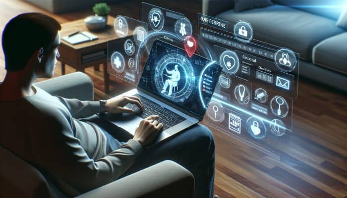 Person booking ferritin test online at home using laptop, showing Warwick clinic logos and calendar.