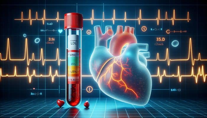 Cholesterol Blood Test in Weymouth: Illustration of cholesterol test tube and heart with labeled HDL, LDL, triglyceride levels, EKG graph background.