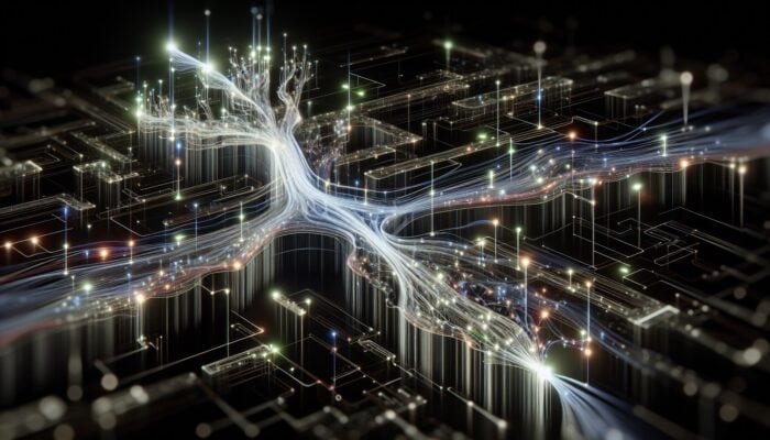 A digital neural network processing user queries with NLP, machine learning, and feedback loops for enhanced search accuracy.