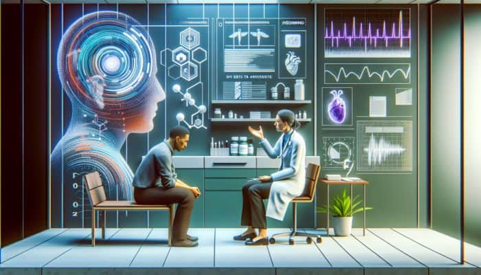 Individual experiencing side effects from supplements, seeking advice from a healthcare professional in a clinic.