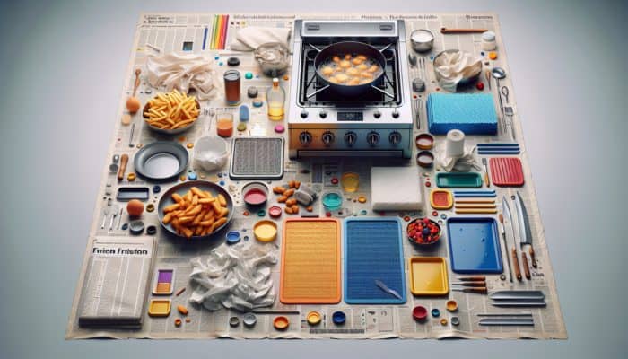 A kitchen scene illustrating a deep frying setup with protective coverings like newspaper, silicone mats, old towels, and baking sheets to catch oil splatters, ensuring a clean workspace.