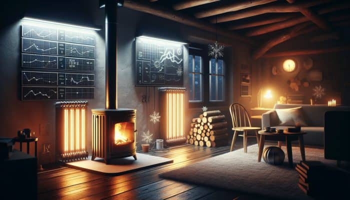 Grid-Down Heating: A cozy living room with a glowing wood stove and modern solar heaters during a power outage.