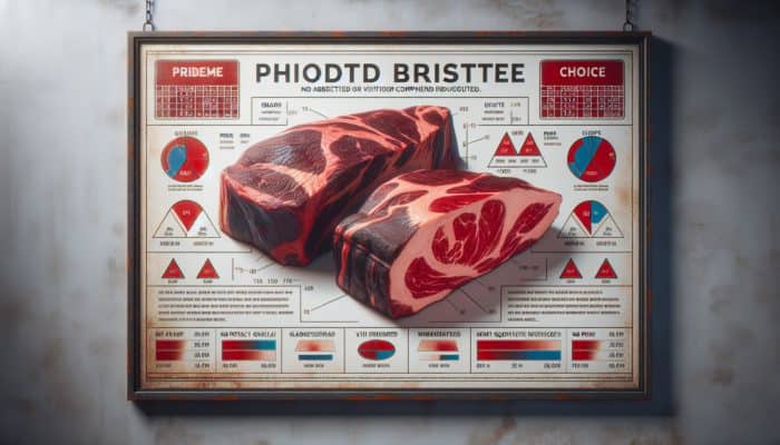 USDA Prime and Choice briskets on display, showcasing marbling and uniform shape, with grading charts.