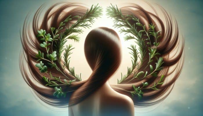 Illustration of rosemary plants intertwined with strong, healthy hair strands on a soft, natural background.