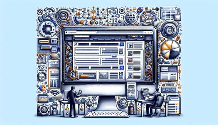 On-Page SEO in Plymouth for Small Business: A computer screen displaying a website with highlighted SEO elements surrounded by search engine and user engagement icons.