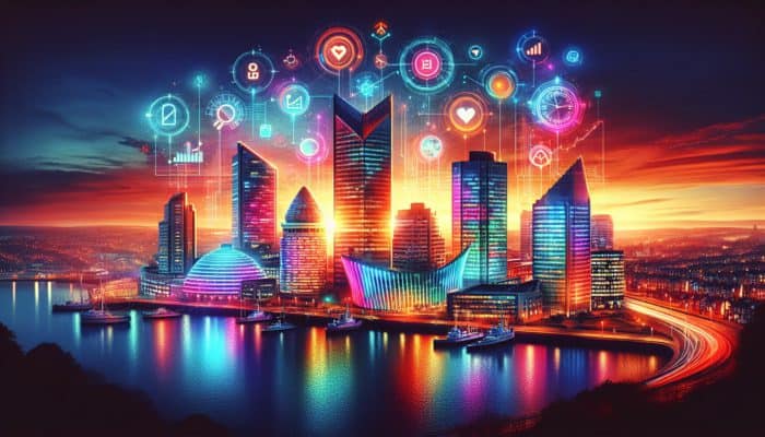 A scenic Plymouth cityscape at sunset with glowing neon SEO keywords above modern buildings.