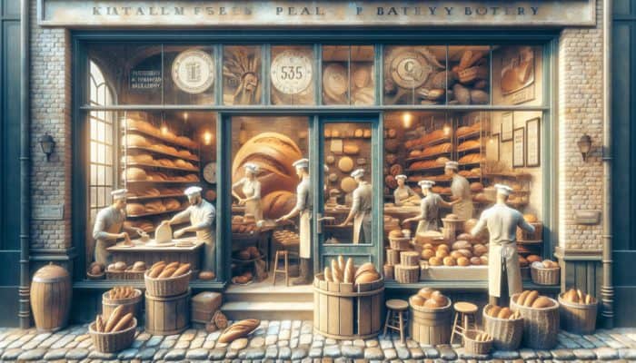 A bustling Plymouth bakery showcasing fresh bread and signs for local SEO visibility.